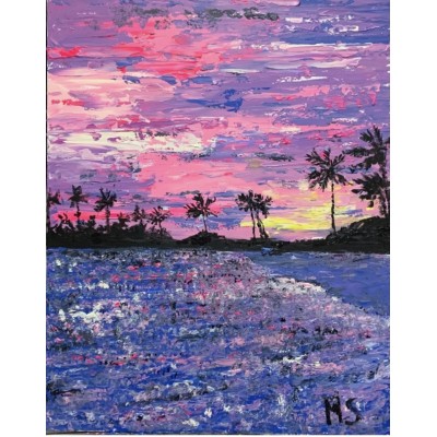 Pink sunset, painting on canvas, sea, palm trees - buy painting